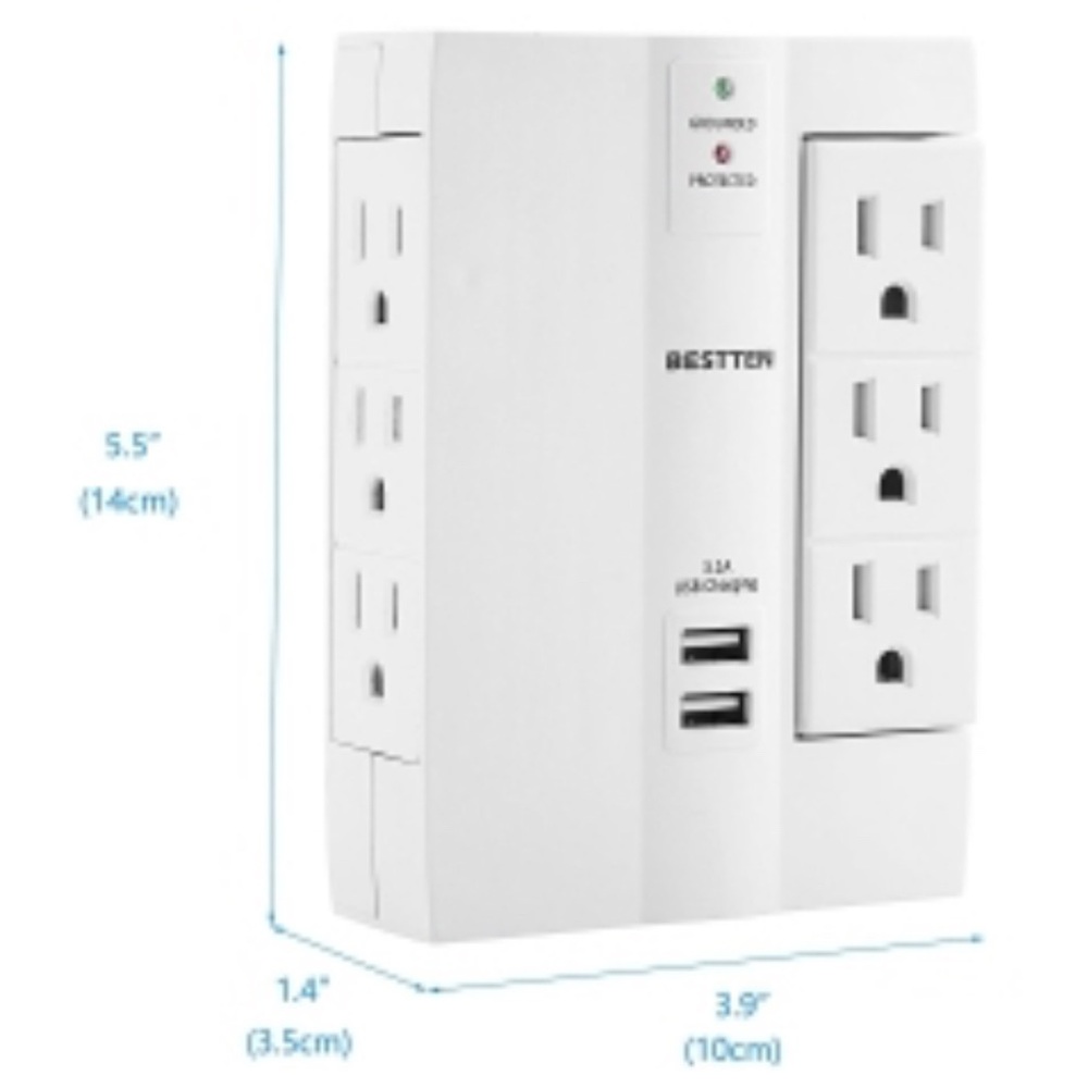 Compact 6-Outlet Wall Tap Surge Protector with 2 USB Charging